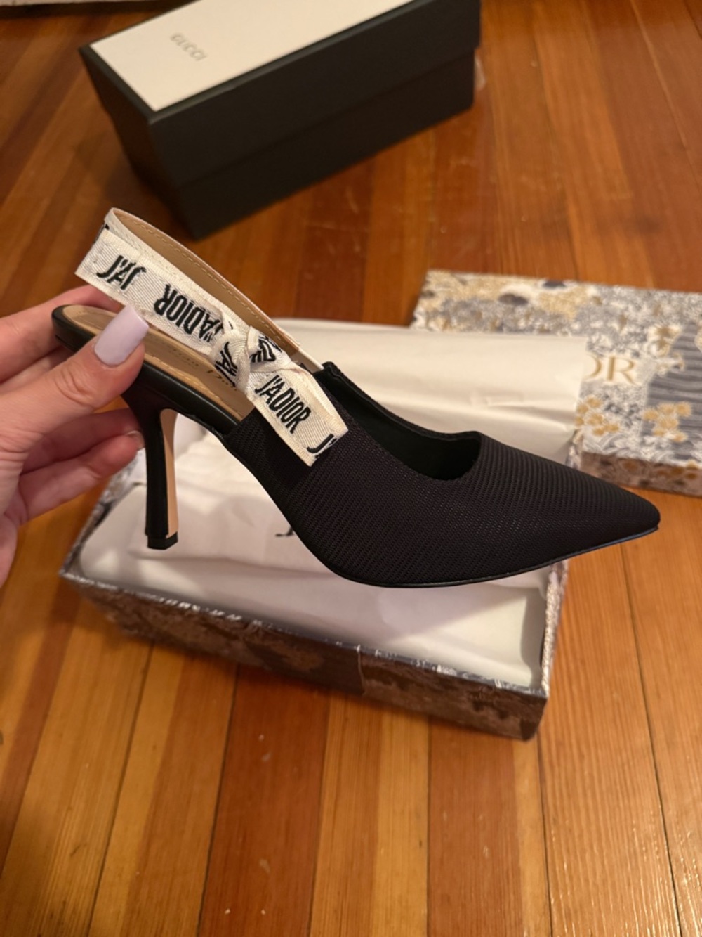 Dior Black Pointed Slingback Pump with Logo Strap